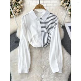 Women's Blouses Autumn Fashion Women Blouse Sales Turn Down Collar Striped Patchwork Long Puff Sleeve Shirts French Casual Female Tops