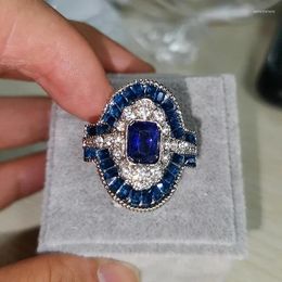 Wedding Rings Fashion Blue Women Anniversary Evening Party Dazzling Cubic Zirconia Silver Color Elegant Lady's Ring Vintage Jewelry Gift