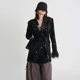 Women's Suits Jacket Celebrity Sequins Blazer Coat Long Feather Sleeves Prom Party 1 Piece V-Neck Fashion 2023