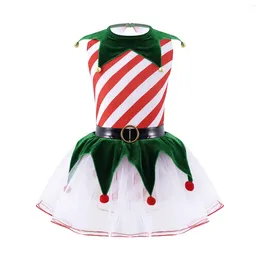 Girl Dresses Kids Girls Elf Christmas Costume Xmas Year Carnival Party Dance Performance Sleeveless Stripes Mesh Tutu Dress With Bells