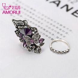 AMORUI Vintage Jewellery rings Antique Silver Colour Blue Purple Crystal Flower Butterfly Finger Ring For Women Wedding Set Rings281W