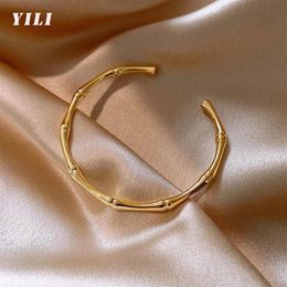 Fashion Gold Colour Bamboo Bangles Adjustable Open Cuff For Women Girls Luxury Korean Party Wedding Jewellery Bangle253N