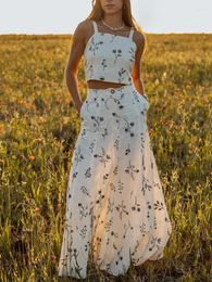 Work Dresses Women's Summer Fashion Bowknot Flower Embroidery Linen Blend Top All-match High Waist Skirt