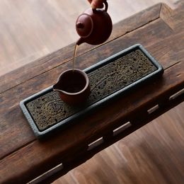 Dishes Plates Tea Tray Natural Stone Plate Dragon Pattern Decoration Chinese Home Table Rectangular Office Accessorie Antiques Kungfu Teaware 231216