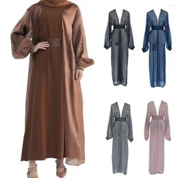 Ethnic Clothing Muslim Women Open Abaya Shiny Summer Puff Sleeve Maxi Dress Turkey Kimono Islam Arab Robe Dubai Femme Musulmane Jalabiya