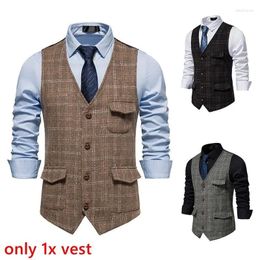 Men's Vests Autumn Winter V-neck Plaid Waistcoat Fashion Slim Fit Business Formal Dress Suit Casual Wedding Tuxedo Male Vest