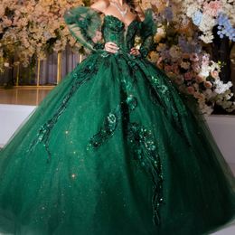 Emerald Green Tulle Quinceanera Dresses Ball Gown Dress Off The Shoulder Birthday Gowns Applique Beads Lace Up Sweet 15 16 Dresses