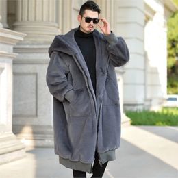 Men's Fur Faux Oversized Loose Man's Long Coat Rabbit Hooded Jacket Large Size Pockets Zipper Thick Warm Winter Xlong Overcoat 231216