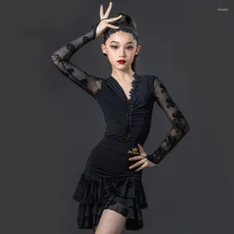 Stage Wear Black Latin Dance Dress For Girls V-Neck Long Sleeve Performance Suit Tops Skirt Kids ChaCha Competition Costume VDB7173