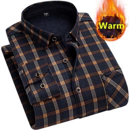 Men's Casual Shirts 2024 Fashion Printed Plaid Lapel Shirt Man Thicker Fleece Lined Warm Long Sleeve For Men Clothing