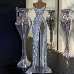 2024 Sparkling Mermaid Evening Pageant Dress V-neck Straps Split Sequins Prom Formal Gown Celebrity Dresses Vestidos De Gala Robe De Soiree