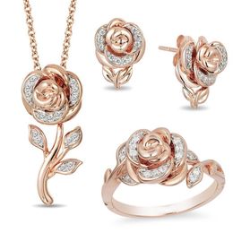 Rose Gold Flower Diamond Jewelry Set Ring Engagement Rings For Women Wedding Jewelry Wedding Rings Accessory Necklace Ring Earring192E