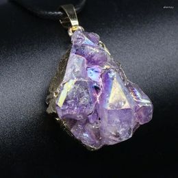 Chains Amethyst Gilded Edge Plated Pendant Necklace Natural Rough Stone AB Colour Reiki Healing Crystal Lucky Gift