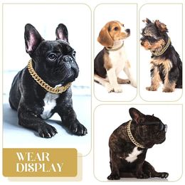 YUEXUAN Design Luxury Diamond Dog Cat Cuban Chain Collar with Secure Buckle Pet Necklace Jewelry Gold Strong Stainless Steel Accessories for Small to Large Dog Cat