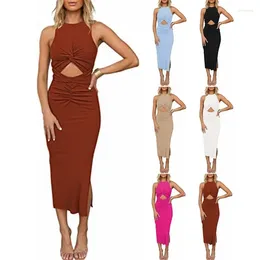 Casual Dresses Women Bodycon Dress Wrap Split Midi Midriff Cutout Twist Ruched Slit