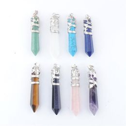 Dragon Tribe Natural Stone Pendant Hexagonal Crystal Totem Quartz Aventurine Amethyst Blue Sand Lapis Lazuli Prism Ethnic Hanging 295N