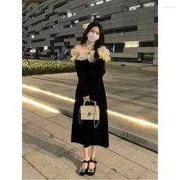 Casual Dresses French Ruffled Off-the-shoulder Dress For Women Word Collar Velvet Skirt Split Black Ladies' Temperament Autumn And Winter