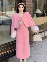 Work Dresses High Quality Winter Small Fragrance Two Piece Set For Women Short Jacket Coat Skirt Suits Korean Fashion Sweet 2 Outfits