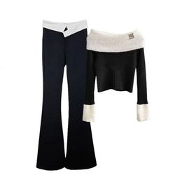 Womens Two Piece Pants Spring and Autumn piece Split Shoulder Knitted ShirtHigh Waist Micro Ragged Casual Set 2024 231216