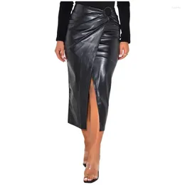 Skirts Black PU Leather Skirt 2024 Arrival Fashionable High Waist Pleated Slit Irregular Versatile Midi Office Lady Sexy Club