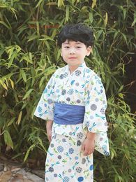 Ethnic Clothing 2023 Japan Vintage Boy's Kimono With Belt Bathrobe National Flower Print Yukata Cotton Home Wear Pography Dress Cosplay