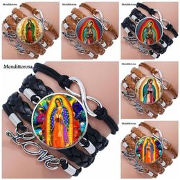For Women Christmas Jewellery Glass Cabochon Multilayer Black Brown Leather Bracelet Bangle Virgin Mary Sacred Heart Religious234j