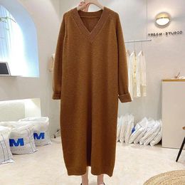 Casual Dresses Oversized V-Neck Women Straight Dress Autumn Winter Loose Pullover Knitted Elegant Solid Colors Long Party 40-150KG