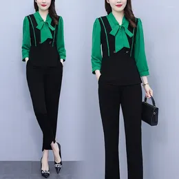 Women's Two Piece Pants 2023 Spring Women Elegant Bowknot Set Long Sleeve Green Tops High Waist Wide Leg Suit Female Casual Outfits