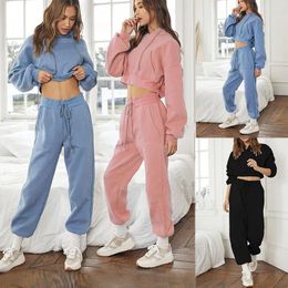 Women's Two Piece Pants Women Tracksuits Solid Long Sleeve Hooded Sweatshirts And Sets Outfits Autumn Winter Fleece Casual Sportswear