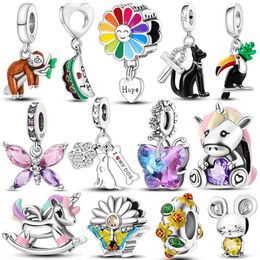 925 Sterling Silver Colourful Lovely Pets Cat Dangle Sunflower Butterfly Sloth Charms Beads Fit Pando Bracelet Necklace Jewellery