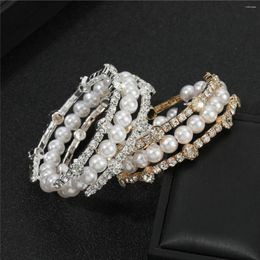 Charm Bracelets Elegant Imitation Pearl Bracelet For Women Multi-layer Stretchable Bangles Cuffs Gold Silver Colour Bridal Jewellery Gift