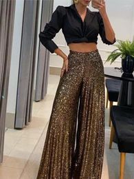 Women's Pants Sequin Flared 2023 Spring Summer Fashion High Waist Black Straight Long Trousers Night Out Party Clothing