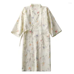 Ethnic Clothing Openwork Kimono Robe Women Pure Cotton Gauze Thin Summer Beige Print Seven Quarter Sleeve Loose Sweat