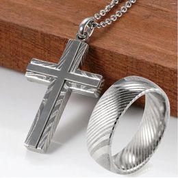 Pendant Necklaces Men's Jewellery Real Damascus Steel Cross Necklace With 24" Round Stainless Chain For Men