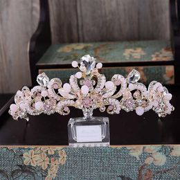 Sweet Pink Crystal Bridal Headpiece Chain Wedding Rhinestone Flowers Tiara Crown Headband Gold Bridesmaid Hair Jewellery H08272709