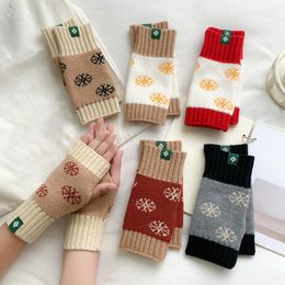 Cycling Gloves Women Autumn And Winter Cute Snowflake Pattern Colour Block Knitted Warm Half