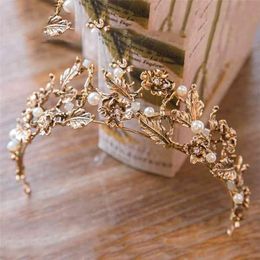 Vintage Baroque Gold Pearl Leaf Bridal Tiara Crystal Crown Hairband Headpiece Vine Wedding Hair Accessories Bride Headband 210701238n