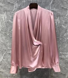 Women's Blouses 2024 Spring Summer Blouse High Quality Women Sexy Deep V-Neck Long Sleeve Pink Apricot Red Elegant Tops Female