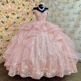 Pink Shiny Quinceanera Dresses Cathedral Train Princess Corset Appliques Lace Beads Off the Shoulder Vestidos De 15 Anos