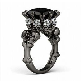 Brand Punk Jewellery Skull 10KT Black Gold Filled Demon Princess 5CT Black Sapphire Cocktail Wedding Bands Ring for Women Men217F