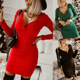 Casual Dresses 2023autumn And Winter European American Women's Woman Party Night Sexy Women Dress Solid Colour Deep V