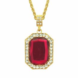 Hip Hop Bling Out Cubic Zirconia Red Stone Square Pendant Necklaces for Men Jewelry With 30inches Gold Chain196P