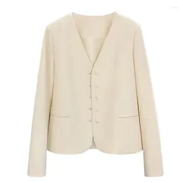 Women's Suits Beige Women Blazer OL Single Breasted V Neck Slim Suite Jacket Coat 2023 Autumn Female Outerwear Tops