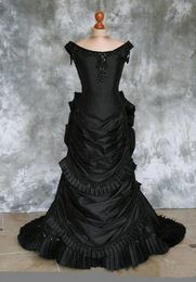 Gothic Black Victorian Wedding Dress Beaded Ruched Satin Long Vampire Ball Masquerade Halloween Bridal Dress Steampunk Corset Goth 19th century Women Formal Gown