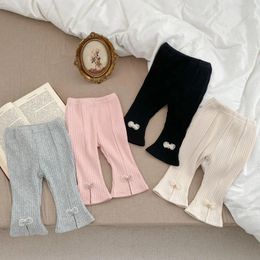 Trousers Spring Baby Girls Flared Pants Solid Colour Ribbed Leggings High Waist Toddler Bow Casual Kids Stretch Boot Cut