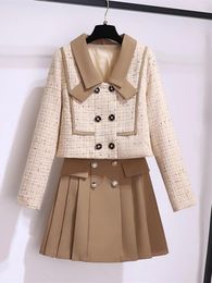 Work Dresses Autumn Winter Women's 2 Piece Sets Korean Fashion Double Breasted Tweed Jacket And Pleated Mini Skrit Small Fragrant Outfits