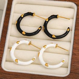 Hoop Earrings AENSOA 316L Stainless Steel Enamel Black White Love Heart C Shape For Women Minimalist Gold Plated Earring Vintage