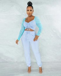 Women's Two Piece Pants RMSFE 2023 Sexy Fashion Mesh Long Sleeve Chest Pleated Short Clothes Elastic Belt Drawstring Solid Color Set
