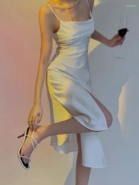 Casual Dresses Satin Sleeveless Maxi Dress Women Y2K Sexy Birthday Club Mid Length Slim Fit White Elegant Woman Evening Party