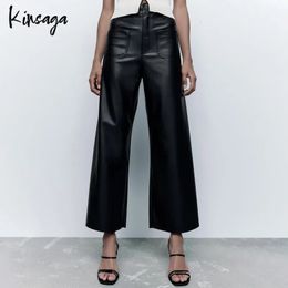 Men's Pants Boyfriend Straight High Waist Faux Leather Pant Casual Streetwear Loose Wide Leg PU Cargo Female Full Length Trousers 231216